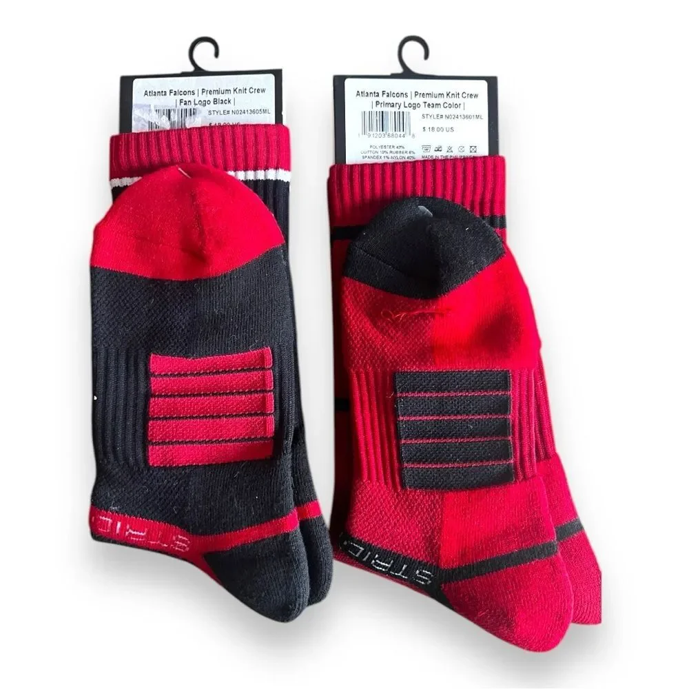 NWT Atlanta Falcons NFL Logo Crew Socks Black and Red 2 Pair Bundle Size L